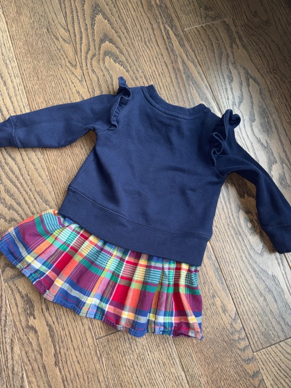 Ralph Lauren Navy Ruffle Shoulder Sweatshirt dress Multicolor Plaid Skirt 2T